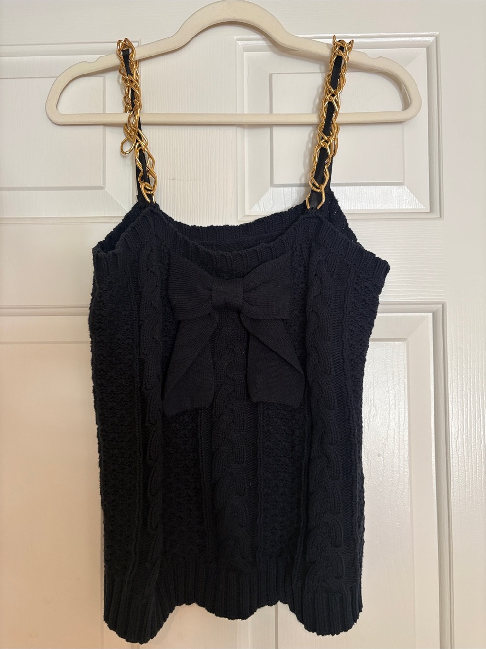 Chelsea & Theodore Navy Cable-Knit Dress with Gold Chain Straps